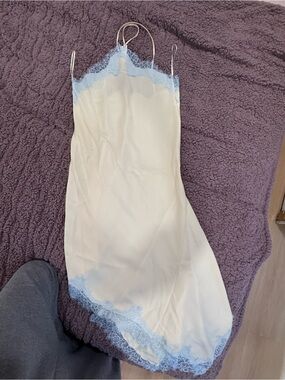 Anthropology Women’s Lace Trim Satin Slip Dress - Cream with Light Blue Trim NWT